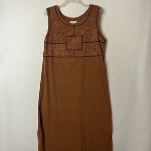 Dress sz L 12/14 brown sleeveless maxi floral‎ embroidery cottagecore woodsy